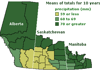 Map of the average level of July precipitation on the prairies, 1961-1990