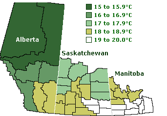 Map of the average daily mean temperature in July