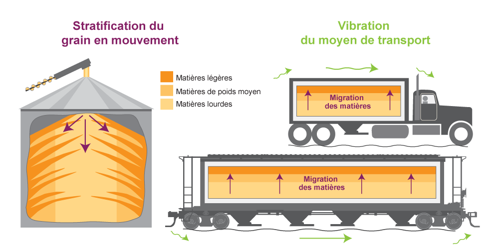 Illustration de la façon dont les matières légères, de poids moyen et lourdes se stratifient en couches lors du transport. Version textuelle ci-dessous. 