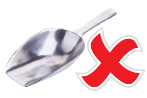 An illustration of acceptable sampling scoops, and a photo of an unacceptable sampling scoop. Text version below. 