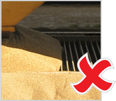A photo of good grain flow for sampling during unload, and a photo of poor grain flow choking the pit during unload. Text version below.