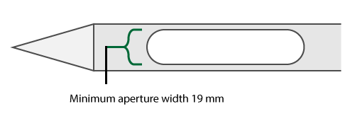 Illustration of the minimum aperture width of 19 mm on an open-throat double sleeve trier.