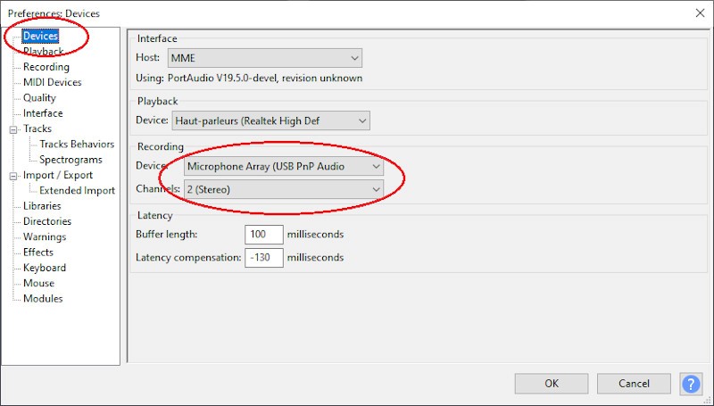 Screenshot of Audacity showing the “Devices” menu settings