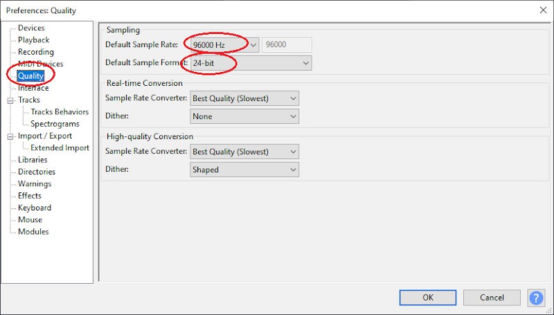 Screenshot of Audacity showing the “Quality” menu settings