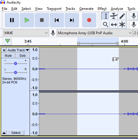 Screenshot of Audacity showing the selection of a silent area of the recording