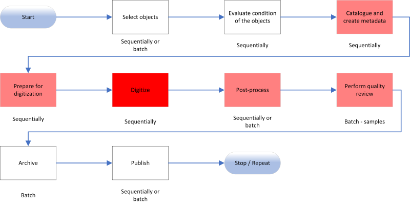 A diagram showing a linear progression of nine steps in the digitization workflow