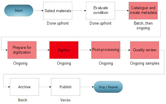A diagram showing a linear progression of nine steps in the digitization workflow.