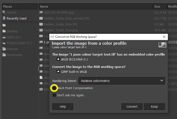 Section of a screenshot of GIMP showing the “Import the image from a color profile” dialogue box.