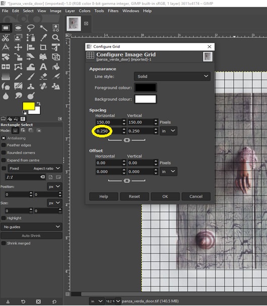 Screenshot of a photo loaded in GIMP. The “Configure Image Grid” pop up menu shows the horizontal spacing set to 0.250 inches.