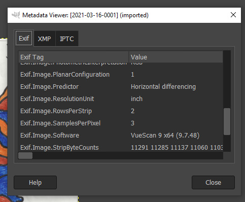 Screenshot of Metadata Viewer dialogue box in GIMP that shows some of the Exif metadata for an image produced with VueScan.