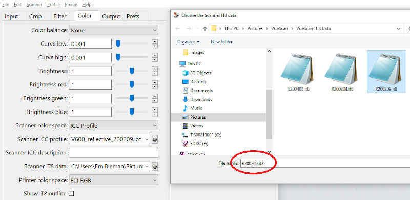 Screenshot of VueScan showing the “Choose the Scanner IT8 data” dialogue box. Data from a file that matches the target is being chosen.