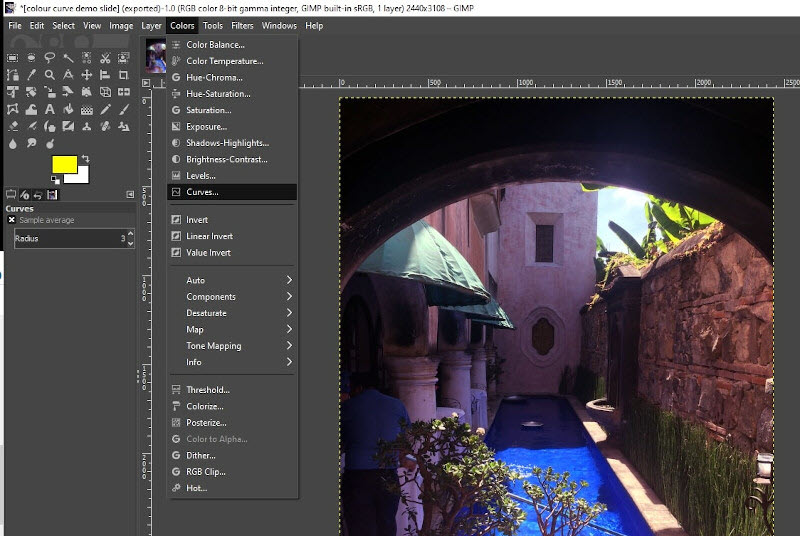 Selecting the “Adjust Colour Curves” option for an image being edited in GIMP image editing software.