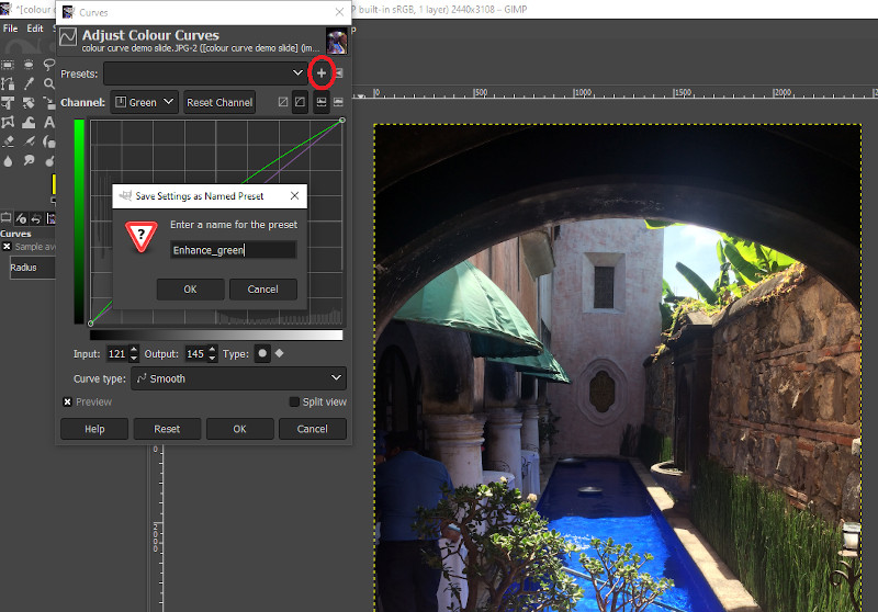 Screenshot showing how to save a colour curve preset in GIMP. The preset is part of the “Adjust Colour Curves” feature.