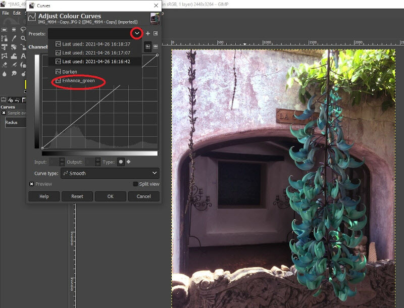 Loading a second image that also requires green enhancement. The “Enhance_green” preset is being selected.