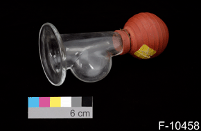 Colour photo of a glass car-horn, with catalogue number F-10458 on a black background.