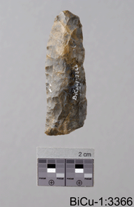 Colour photo of reverse side of a sharpened stone tool (possibly a spear head), 2 cm scale at base and BiCu-1:3366