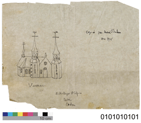 Illustration of a church on paper demonstrating the reflective mode with a 10 cm scale and the number 0101010101.
