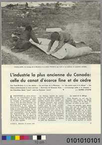 French newspaper document including text and photograph of two people making a traditional canoe with a colour 10cm scale and the number: 010101010.