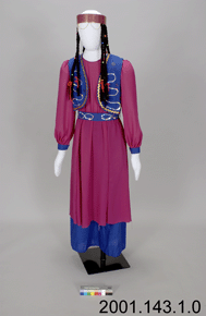 Colour photo of pink and purple traditional dress with long sleeves and vest, situated on mannequin, with catalogue number 2001.143.1.0 on a grey background.