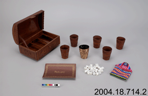 Open board game box and its pieces, and the catalogue number: 2004.18.714.1 a-b