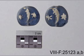 Colour image of blue and white artefacts (beads), 2 cm scale and VIII-F:25123 A,B