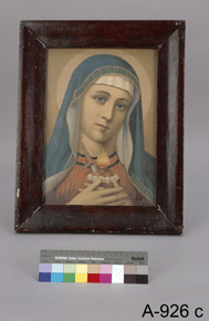 Colour image of a framed portrait of the Virgin Mary with a colour scale and the text A-926 c