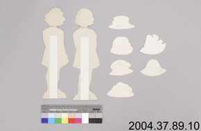 Rear view of paper dolls, six paper hats, and catalogue number: 2004.37.89.10