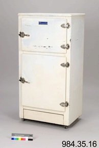 Colour photo of white refrigeration device with upper and lower sections closed, with catalogue number 984.35.16 on a grey background.