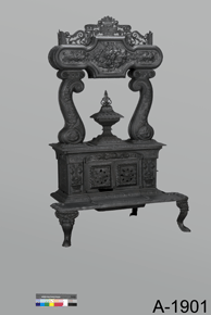 Colour photo of cast-iron stove with decorative mantle, with catalogue number A-1901 on a grey background.