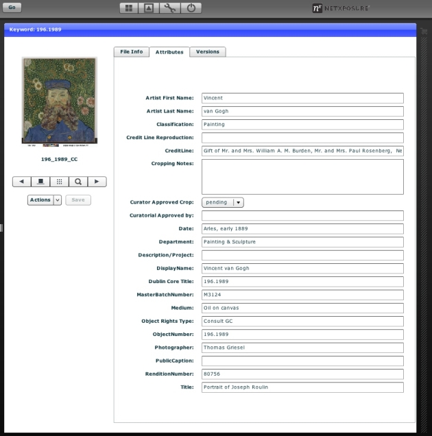 Écran des attributs d'Image Portal pour l'image de Portrait de Joseph Roulin par Van Gogh, du Museum of Modern Art