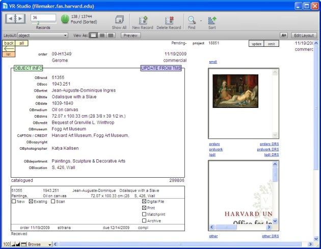 Capture d'écran d'une page du Filemaker de Harvard Art Museums
