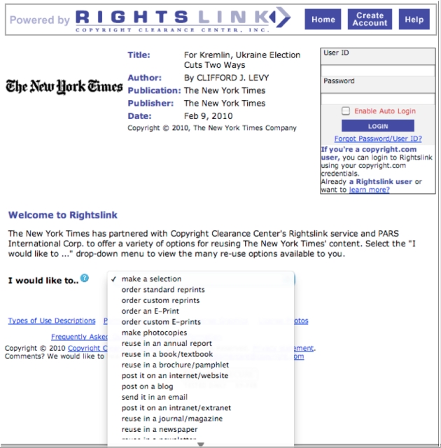 Capture d'écran du formulaire d'octroi de licences pour le contenu en ligne de RightsLink