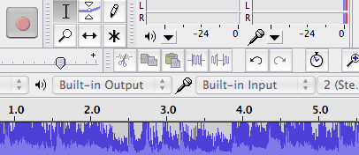Image: Built-in Output and Built-In Input settings in Audacity (Built-in Output, Built-in Input, L-left, R-right)