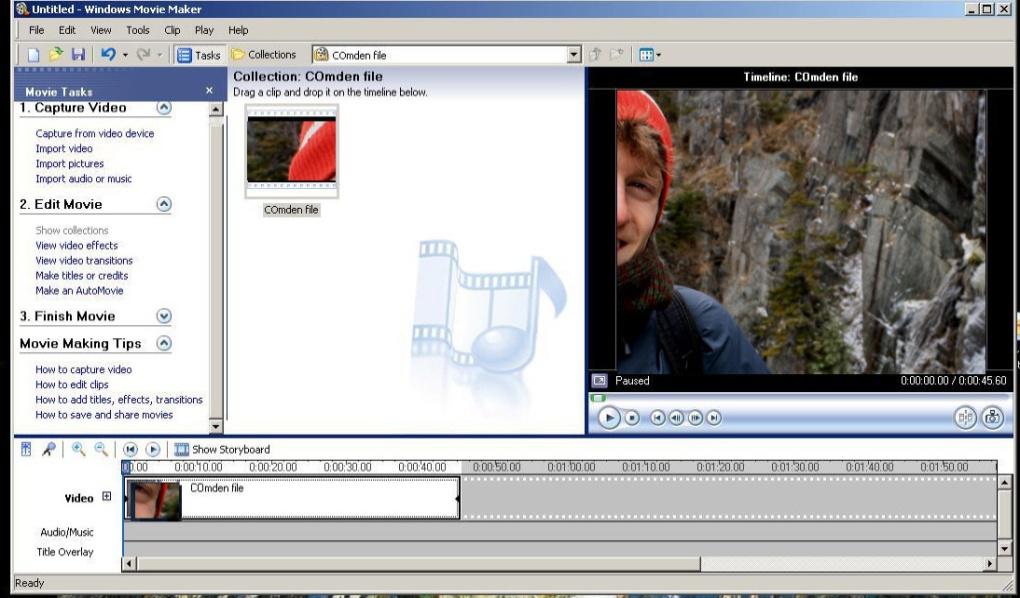 Image: Screenshot of Windows Movie Maker displaying real-time capture of video from a VCR. (Movie Tasks, Capture Video, Edit Movie, Finish Movie, Movie Making Tips).