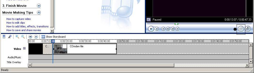 Image : Capture d'écran de Windows Movie Maker illustrant comment fractionner une vidéo en plusieurs segments. (Afficher la table de montage séquentiel/Show Storyboard, Vidéo, Audio/Musique/Audio/Music, Superposition du titre/Title Overlay)