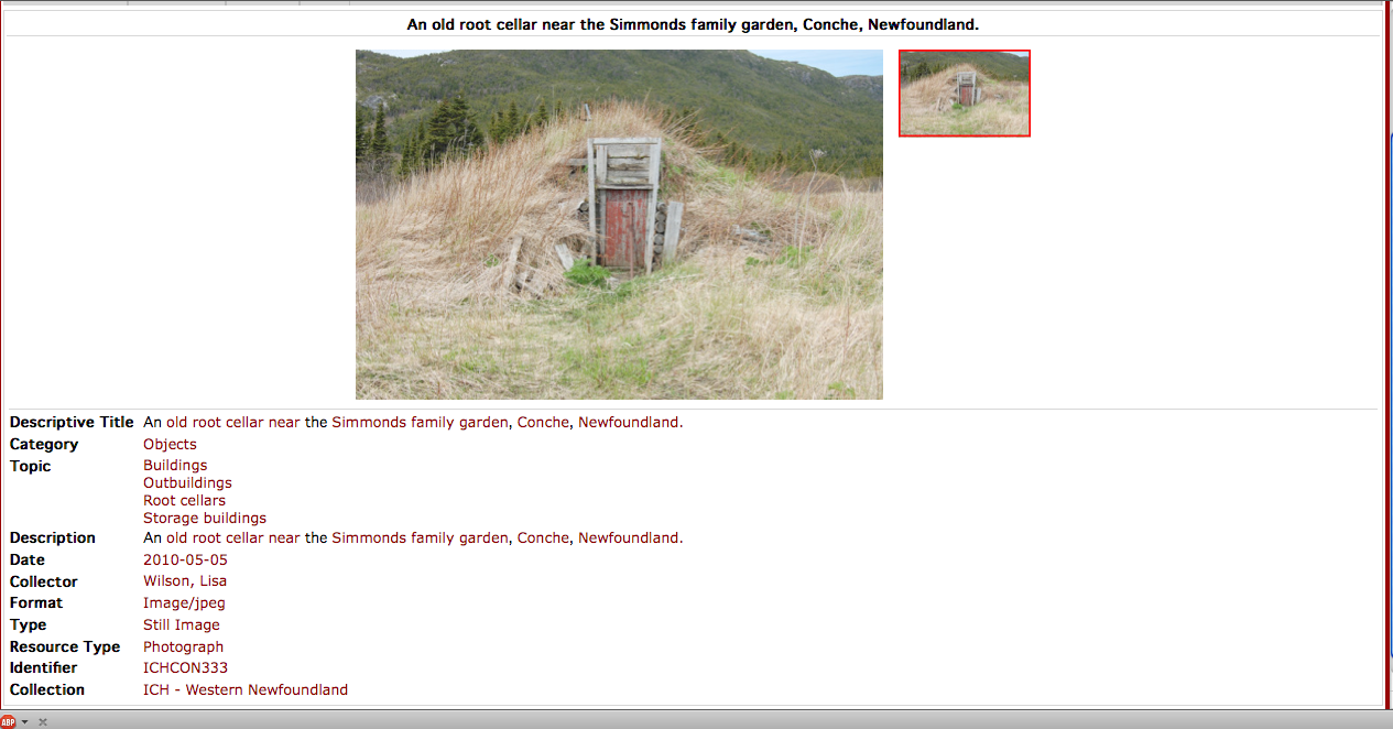Image: Screenshot of a photograph viewable through the Digital Archive Initiative's website. (An old root cellar near the Simmonds family garden, Descriptive Title, Category, Topic, Description, Date, Collector, Format, Type, Resource Type, Identifier, Collection).