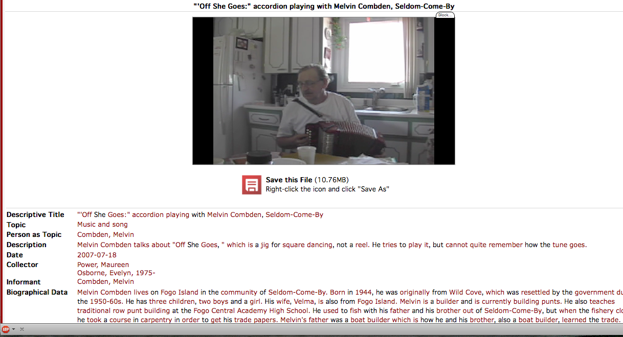 Image: Screenshot of an video that is playable through the Digital Archive Initiative's website. (Descriptive Title, Topic Person as Topic, Description, Date, Collector, Informant, Biographical Data)