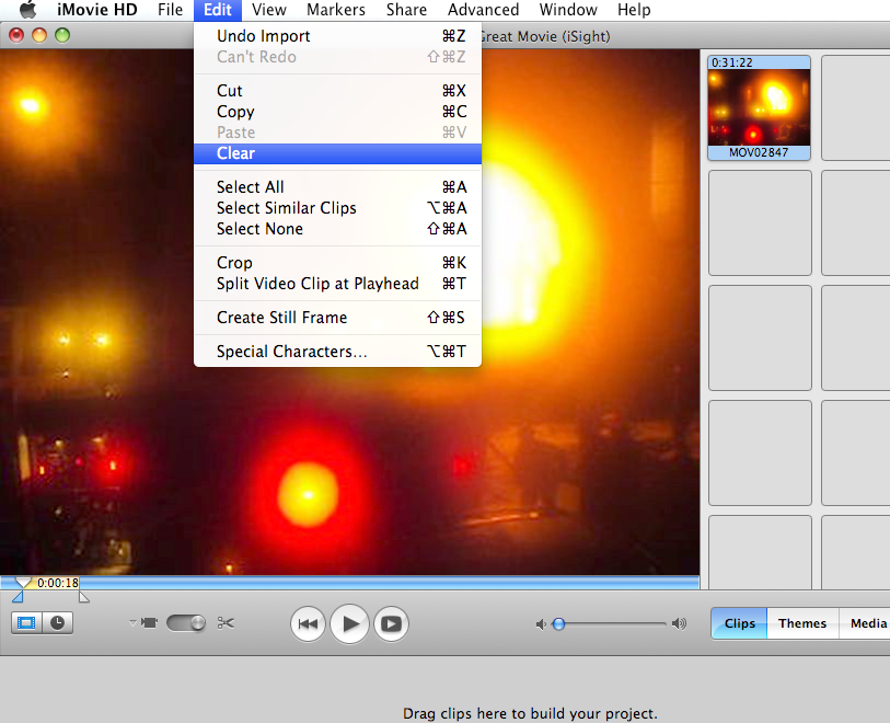 Image: Screen capture of iMovie, showing how to select Clear from the Edit menu. (Edit, Clear, Clips)