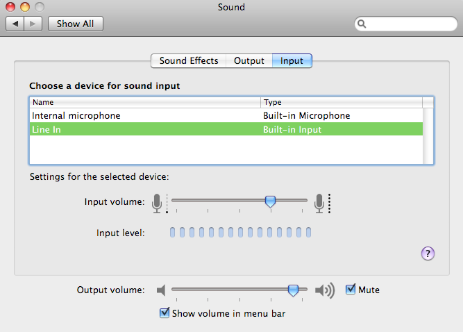 Image: Screen shot of sound preferences settings on a Mac. (Sound Effects, Internal microphone, Built-in Microphone, Line-in, Built-In Input, Choose a device for sound input).