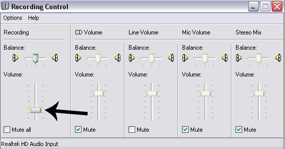 Image : Capture d'écran du réglage des préférences pour le son dans Windows. (Contrôle de l'enregistrement/Recording Control, Enregistrement/Recording, Balance, Tous muets/Mute All, Line Volume, Stereo Mix).