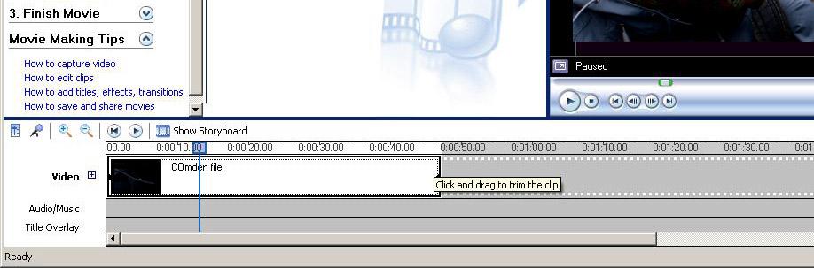 Image: Screenshot of <em>Windows Movie Maker</em>, showing how to manipulate trim handles to determine the start and end points of a video clip. (Click and drag to trim the clip, Show Storyboard, Video, Audio/Music, Title Overlay)