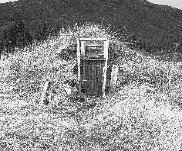 Black and white photograph of wooden root cellar door in side of hillock.