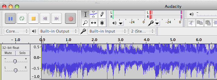 Image: screen shot section of Audacity showing recording levels set too low – red recording bars do not fill the meter, and only use the lower end of it.