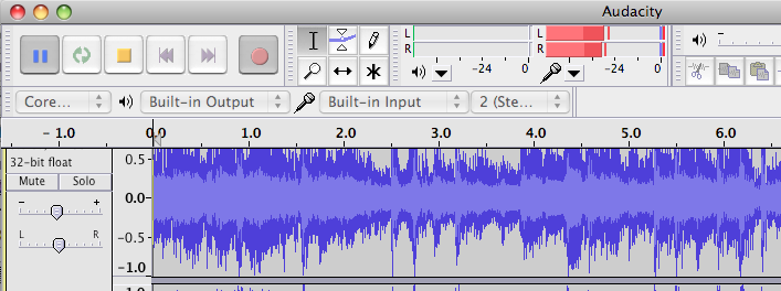 Image: screen shot section of Audacity showing recording levels set correctly – red recording bars use the full range of the meter, without filling it completely.