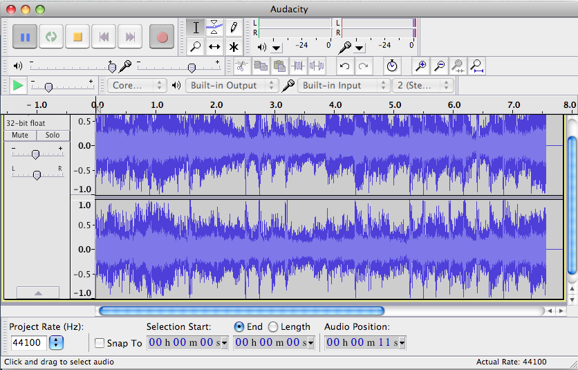 Image: Screen shot of audio file playback using Audacity. (Click and drag to select audio, Selection Start, End, Length, Audio Position)