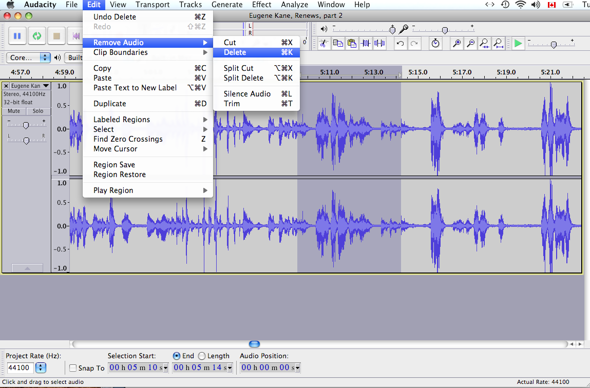 Image: Screen shot showing menu selections in Audacity for removing audio segments. (Edit, Remove Audio, Delete)