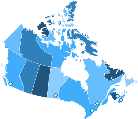 A map of Canada identified with the locations of in-person sessions