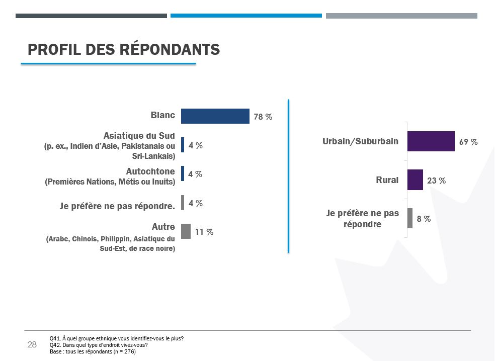 Deux graphiques à barres citant la répartition démographique par secteur et par ethnicité où 78 % des répondants s’identifient comme blanc