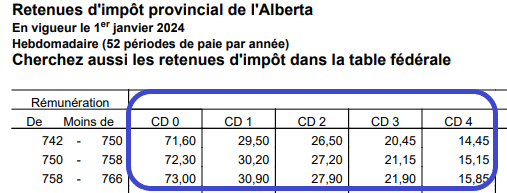 Capture d'écran d'une table d'impôt provincial, mettant en évidence le champ : Codes de demande