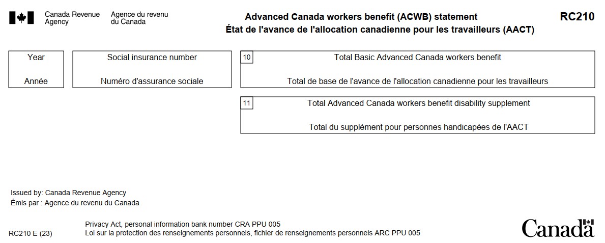 Image d'un RC210 - État de versements anticipés de la Prestation fiscale pour le revenu de travail